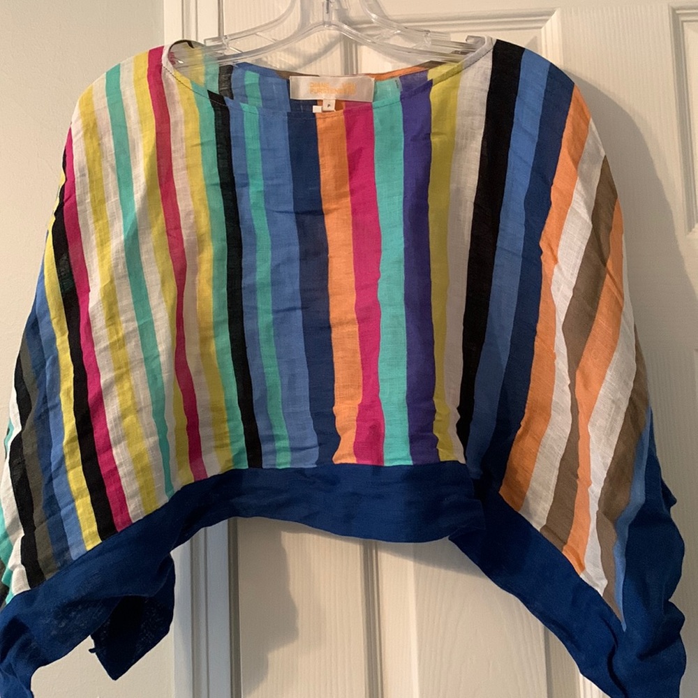 Diane von Furstenberg Owen cropped linen blend poncho top, multicolored stripes